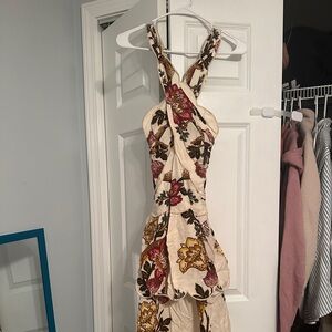 farm rio Leopard Flowers Print Cutout Detail Linen Blend Dress